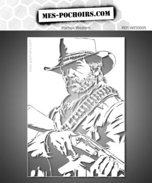Pochoir cowboy western avec chapeau, revolver, cartouchière et style Far West américain.