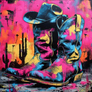 Illustration colorée de bottes cowboy dans un style western contemporain montrant un exemple artistique réalisé avec le pochoir.