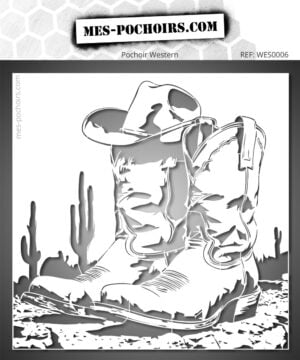 Pochoir bottes cowboy western avec cactus et ambiance désert inspirée du Far West américain. Plusieurs tailles. Qualité professionnelle