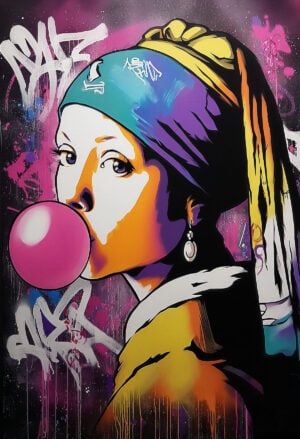 Pochoir Jeune Fille à la Perle Bubble Gum revisité style contemporain