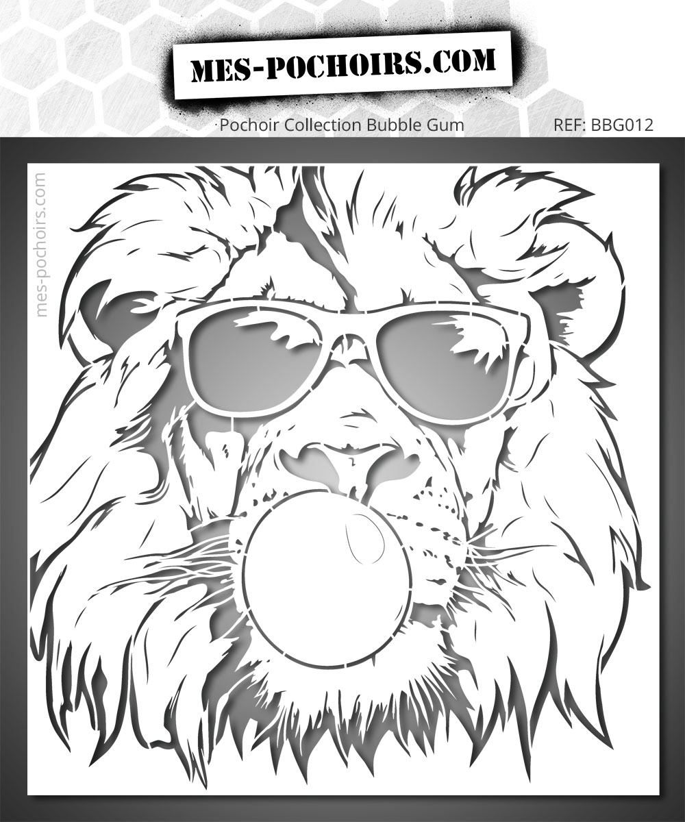 Schablone eines Löwen mit Sonnenbrille und Kaugummiblase.