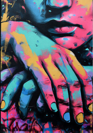 Retrato en primer plano destacando las manos y los labios en una composición artística contemporánea con colores vibrantes y contrastados.