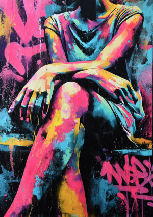 Silueta femenina sentada con líneas elegantes y armoniosas, interpretada en un estilo artístico contemporáneo con colores vivos y contrastantes.