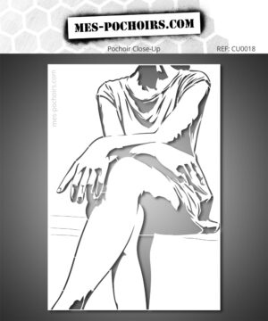 Plantilla que representa una silueta femenina sentada, con los brazos cruzados sobre la pierna, en una composición depurada que resalta la fluidez de las líneas y el equilibrio de las formas.