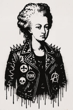 Illustratie geïnspireerd op een koninklijke figuur, Marie-Antoinette herzien als punkicoon met leren jack met studs en een uitdagende geest