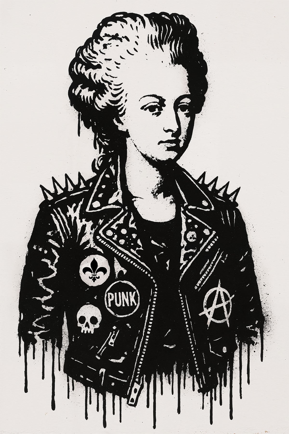 Illustration inspiriert von einer königlichen Figur, Marie-Antoinette als Punk-Ikone neu interpretiert mit Nietenjacke und rebellischem Geist