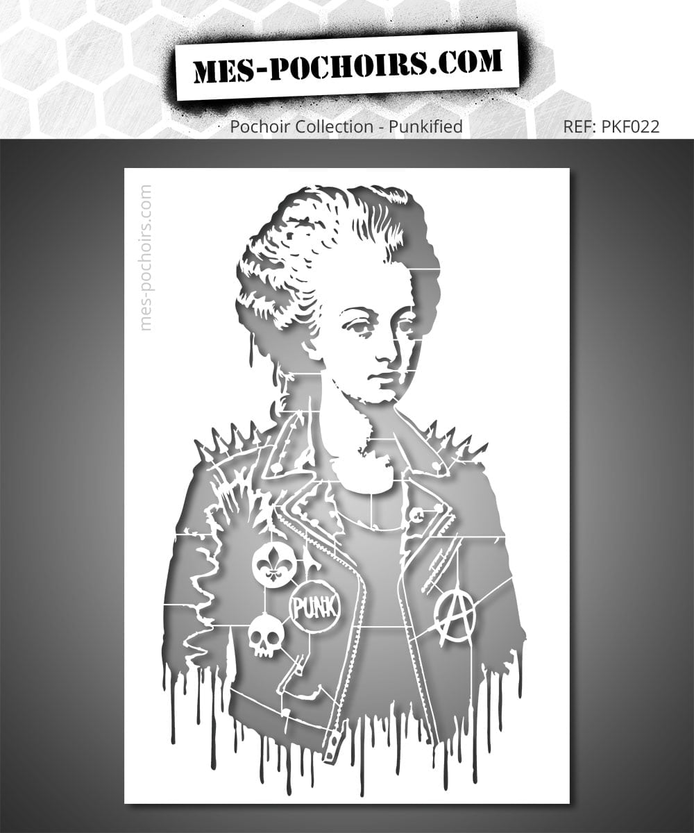 Schablone Marie-Antoinette Punk mit einer mit Nieten besetzten Lederjacke im rebellischen Street-Art-Stil
