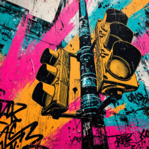 Peinture inspirée du Pochoir Signal Urbain représentant un feu tricolore vu en contre-plongée
