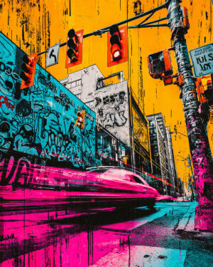 Farbige künstlerische Interpretation einer urbanen Szene mit Graffitis und Ampeln