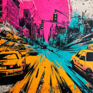Œuvre inspirée par un pochoir de scène urbaine avec couleurs vives