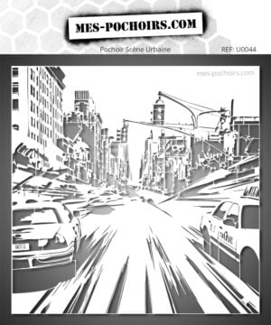 Pochoir d'une scène urbaine avec taxis et gratte-ciel