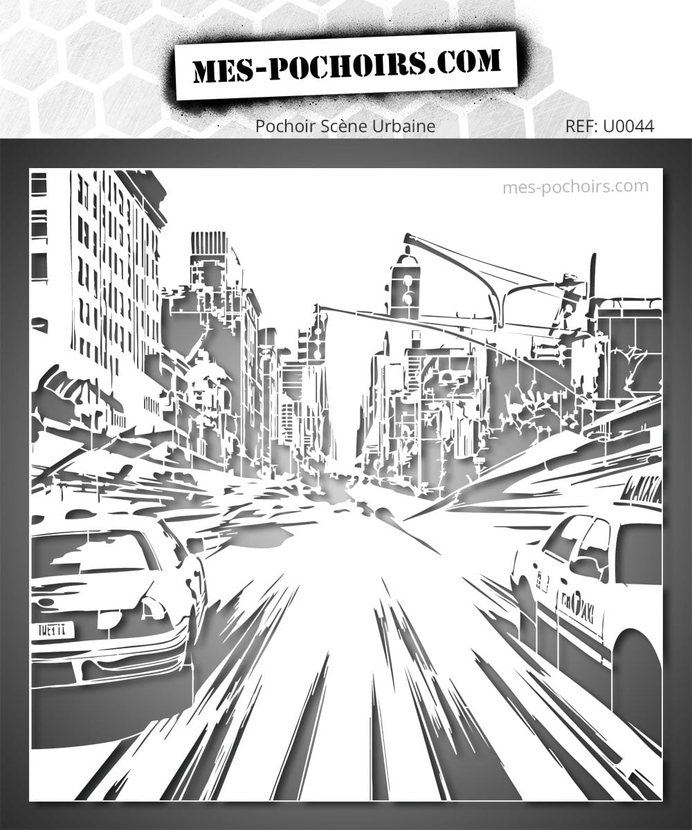 Pochoir d'une scène urbaine avec taxis et gratte-ciel