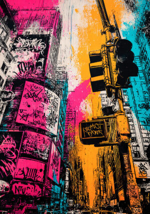 Opera colorata ispirata a una scena urbana con graffiti e edifici.