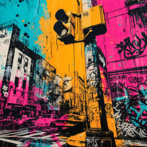 Opera colorata ispirata a una scena urbana con graffiti.