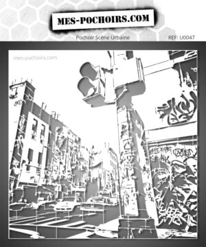 Stencil Prospettiva Urbana che rappresenta una strada animata con semaforo in un'atmosfera street art ispirata alle grandi città.