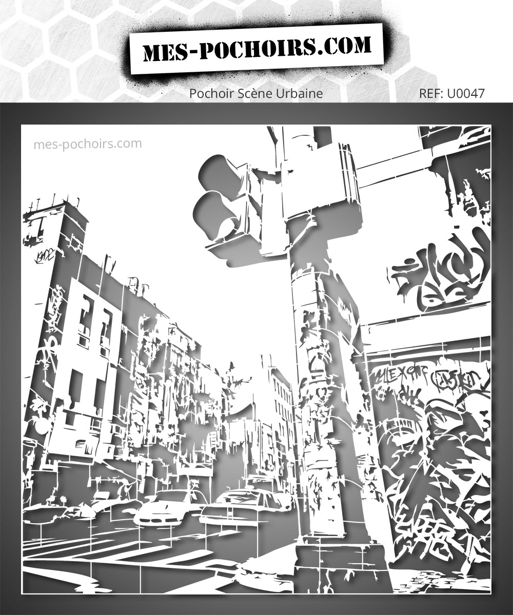 Stencil Prospettiva Urbana che rappresenta una strada animata con semaforo in un'atmosfera street art ispirata alle grandi città.