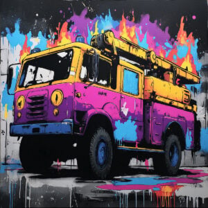Illustration colorée d'un camion de pompier vintage réalisée avec pochoir souple, réutilisable et réversible