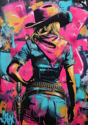 Interprétation artistique d'une cowgirl western vue de dos, portant un chapeau de cowboy, un foulard et un revolver à la ceinture, dans une ambiance inspirée du Far West.