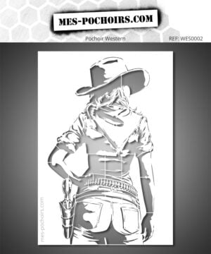 Pochoir représentant une silhouette de cowgirl western de dos, avec ses accessoires emblématiques de l'univers cowboy et du western américain.