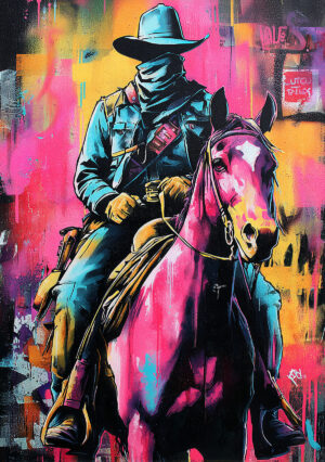 Illustration colorée d'un cowboy à cheval dans un univers Far West inspiré des paysages et légendes de l'Ouest américain.