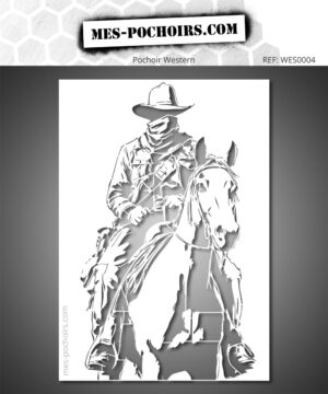 Pochoir représentant un cowboy à cheval avec chapeau western, silhouette emblématique du Far West et de la culture cowboy américaine.