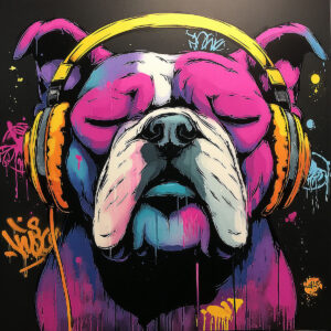 Bunte Illustration im Street-Art-Stil eines Bulldogs mit Kopfhörern.