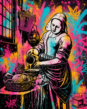 Peinture réalisée avec le Pochoir La Laitière de Vermeer inspiré du célèbre tableau de Johannes Vermeer, riche en détails pour la peinture et la décoration artistique.