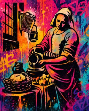 Exemple de création artistique utilisant le pochoir La Laitière inspiré du célèbre tableau de Johannes Vermeer avec des couleurs vives.