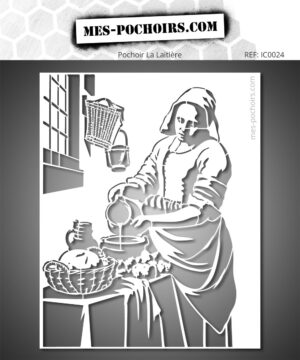 Pochoir La Laitière inspiré du célèbre tableau de Johannes Vermeer dans une version épurée pour la peinture et la décoration artistique.