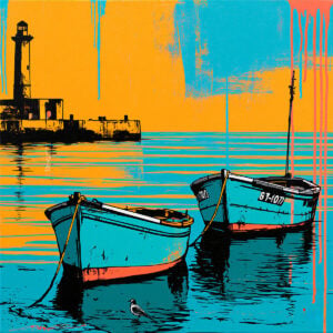 Peinture colorée de barques devant un phare dans un paysage côtier. Réalisé avec pochoir décoratif.