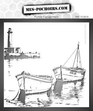Pochoir représentant deux barques amarrées devant un phare sur une eau calme. Pour art créatif facile.