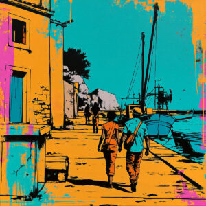 Ilustración colorida de un paseo costero realizado con plantilla de alta calidad