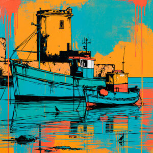 Peinture colorée d'un bateau de pêche réalisée facilement avec le pochoir vieux port de pêche