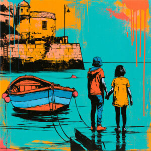 Peinture colorée inspirée d'un paysage marin avec enfants et bateau. Réalisé avec pochoir, conçu pour être simple et agréable à utiliser.
