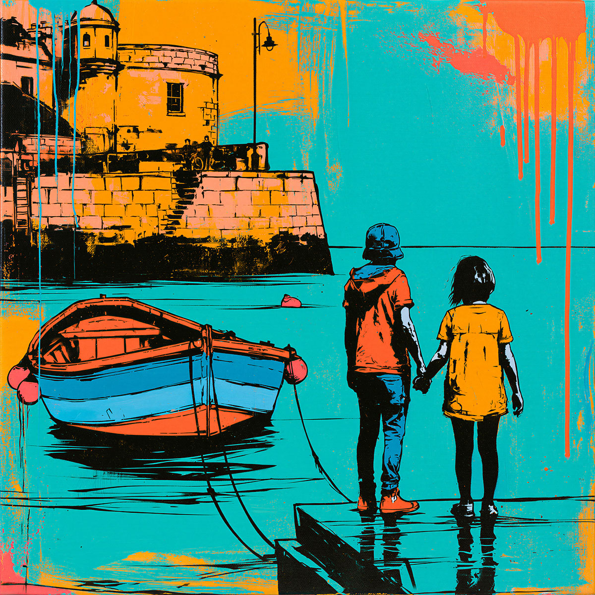 Peinture colorée inspirée d'un paysage marin avec enfants et bateau. Réalisé avec pochoir, conçu pour être simple et agréable à utiliser.