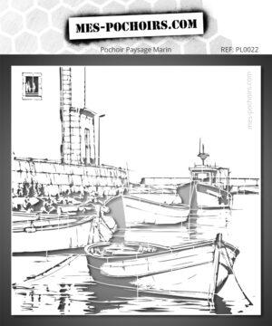 Plantilla que representa varios barcos de pesca amarrados en un viejo puerto tranquilo al pie de los muelles.