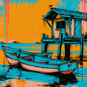Résultat artistique coloré avec cabanon et barques
