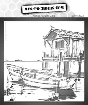 Pochoir représentant une cabane de pêcheur sur pilotis avec deux barques amarrées au bord de l'eau.