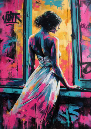 Illustration artistique réalisée avec un pochoir artistique représentant un portrait féminin de dos devant une fenêtre.