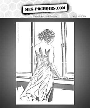 Pochoir femme de dos contemplant la lumière près d'une fenêtre. Pochoir pour peinture. Réutilisable et réversible.