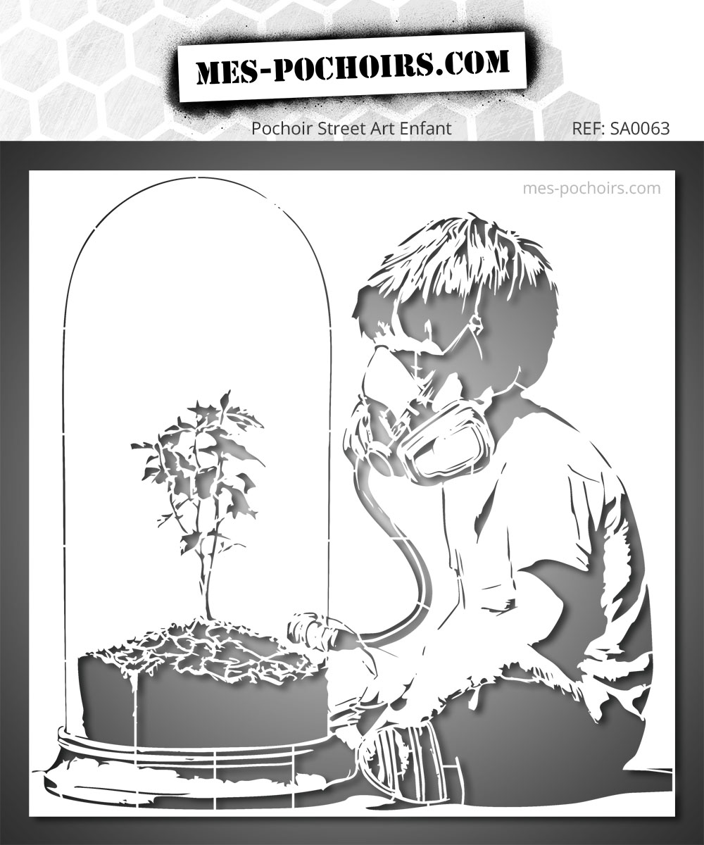Plantilla que representa a un niño con máscara de gas y una planta bajo campana - Una imagen impactante.