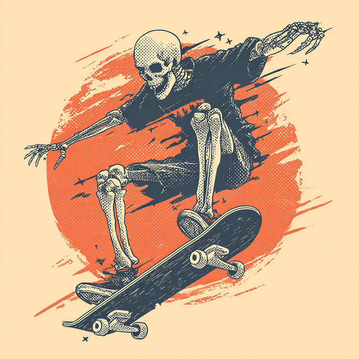 Illustration inspirée du pochoir Skateur Squelette