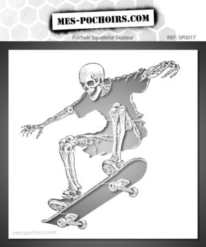 Pochoir représentant un squelette en plein saut sur un skateboard