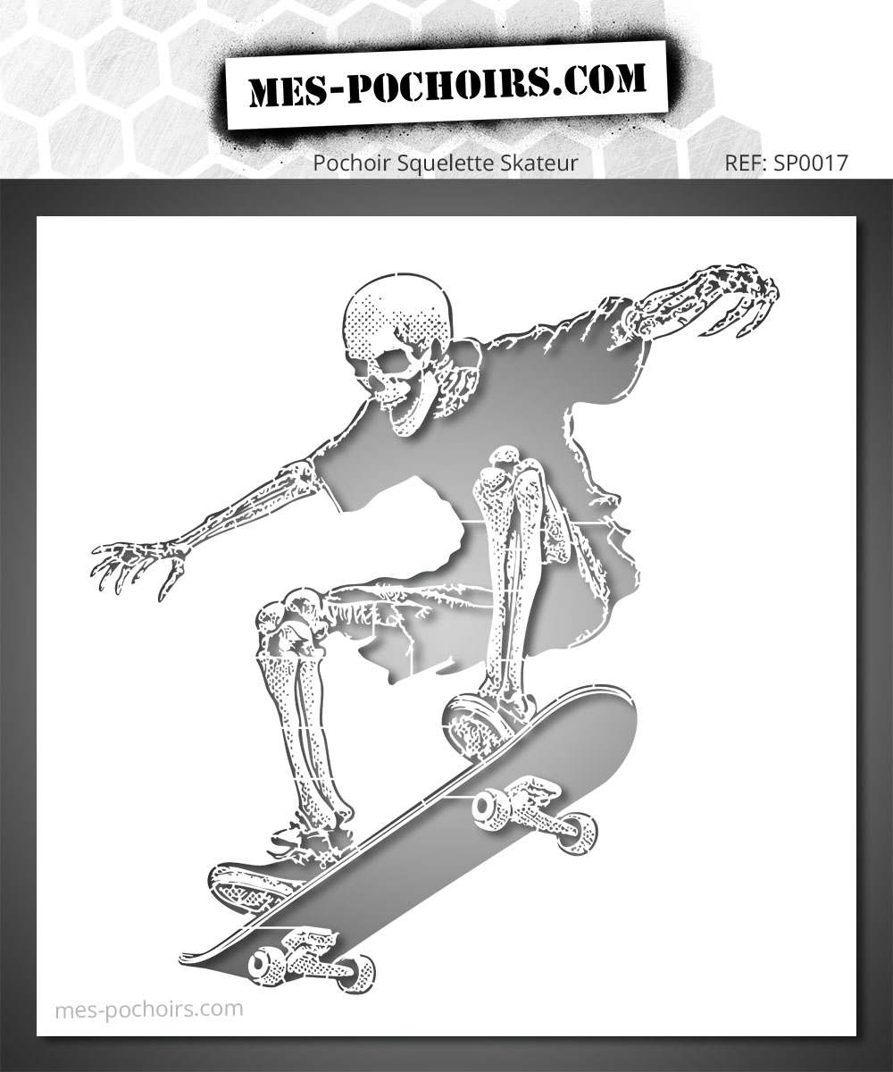 Pochoir représentant un squelette en plein saut sur un skateboard