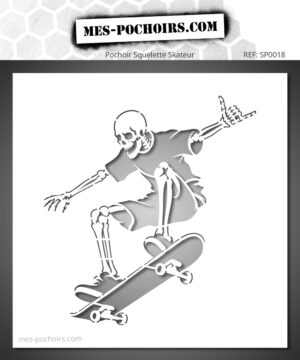 Pochoir squelette skateur en plein saut de skateboard