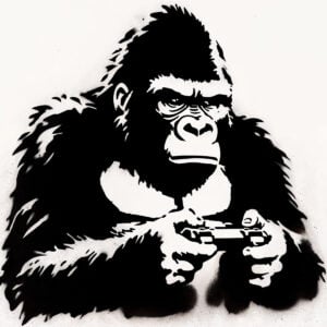 Illustration d'un gorille jouant aux jeux vidéo réalisée au pochoir