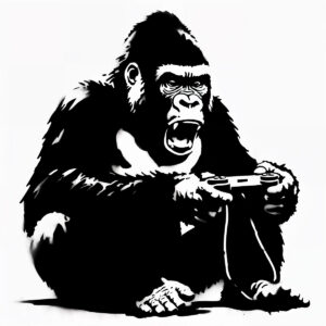 Illustration d'un gorille concentré avec une manette de jeu