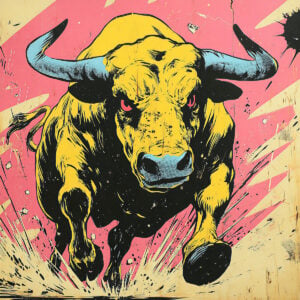 Affresco colorato di un toro dinamico che rappresenta un toro in carica.