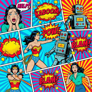 Ejemplo de realización inspirada en la plantilla Superheroína vs Robot, en un universo de cómic y pop art con colores vibrantes. Las diferentes viñetas escenifican el duelo entre la heroína y su adversario mecánico, acompañado de explosiones y onomatopeyas.