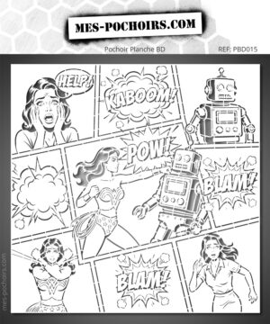 Plantilla Superheroína vs Robot compuesta como una página de cómic. Varias viñetas narran el enfrentamiento entre una superheroína y un robot retro, lleno de escenas de acción, explosiones y las onomatopeyas POW, KABOOM y BLAM.